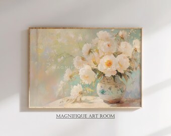 Peony Wall Art Printable, Still Life Cottagecore Decor, Impressionist Peony Print, Vintage Style Flower Decor, White Peonies Digital S510|