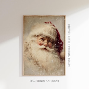 May include: Vintage-style framed print of Santa Claus with a long white beard, red hat, and round glasses. The image has a soft, snowy effect, evoking a classic Christmas theme. The text "INSTANT PRINTABLE | 8 SIZES INCLUDED" is visible.