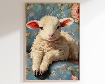 Arte de pared de cordero vintage, descarga digital, pintura de cordero de Pascua, impresión artística de cordero sobre sofá vintage, impresión de primavera, decoración de granja moderna S182/
