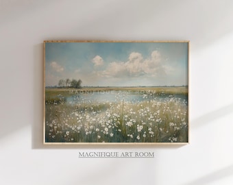 White Wildflower Meadow Printable | Neutral Spring Landscape Wall Art | Rustic Nature Decor Digital Download S824|