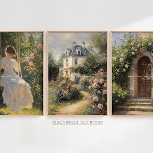 Country Rose Garden Print Viktorianische Swing Mädchen Wand Kunst bedruckbar | Vintage Botanische Drucke Set von 3 Bauernhaus Cottagecore Wanddekor SS16 |