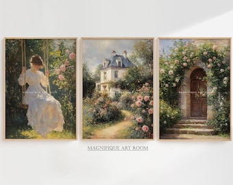 Country Rose Garden Print Victorian Swing Girl Wall Art Printable | Vintage Botanical Prints Set of 3 Farmhouse Cottagecore Wall Decor SS16|