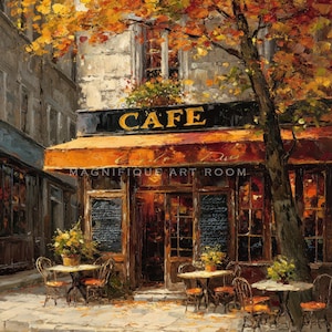 May include: An impressionistic painting of a cafe with an orange awning and the word "CAFE" in gold lettering. Tables and chairs are set outside, and a tree with autumn leaves frames the scene. The text "MAGNIFIQUE ART ROOM" is visible.