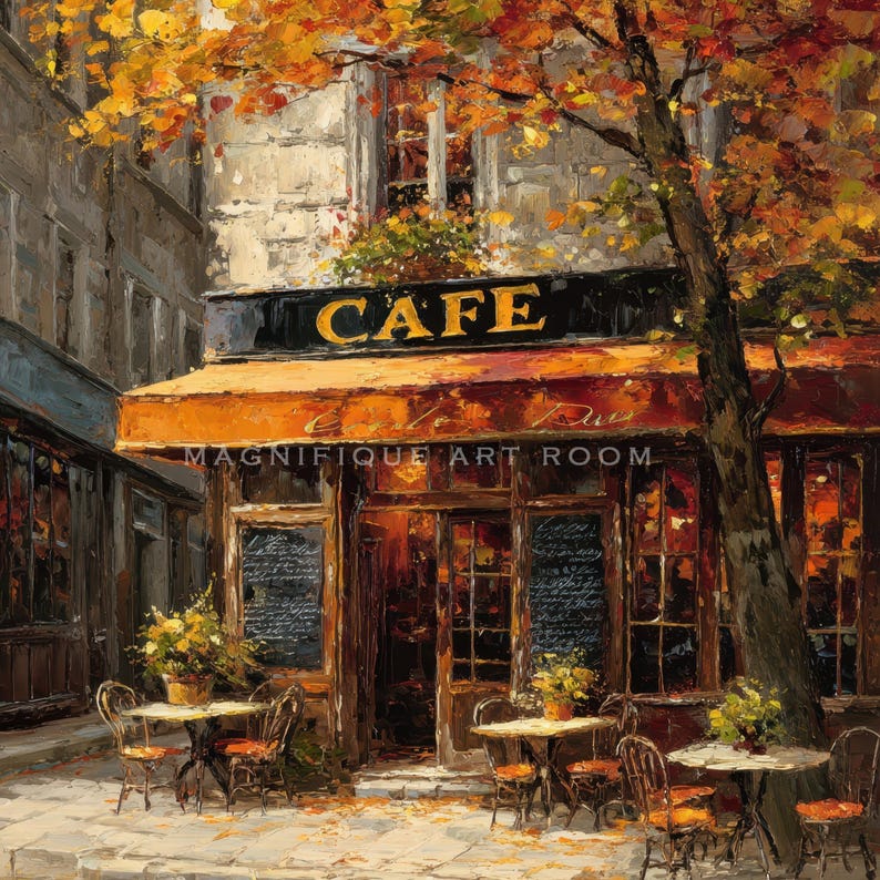 May include: An impressionistic painting of a cafe with an orange awning and the word "CAFE" in gold lettering. Tables and chairs are set outside, and a tree with autumn leaves frames the scene. The text "MAGNIFIQUE ART ROOM" is visible.