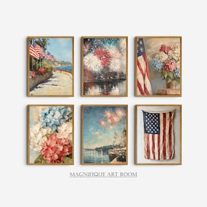 Patriotic Wall Art Set of 6 American Prints Vintage Hydrangea Painting | 4th of July Americana Rustic Decor Cottagecore Decor Digital  SS17|