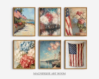 Patriotic Wall Art Set 6 American Prints Vintage Hydrangea Painting | 4th of July Digital  SS17