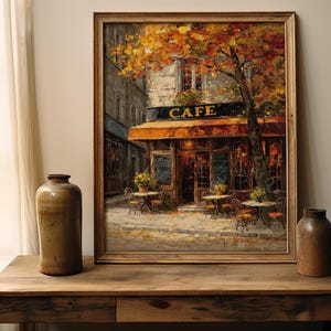 Rustic French fall kitchen print with a Paris café scene in warm autumn colors. Ideal for seasonal farmhouse wall decor and digital printable art.