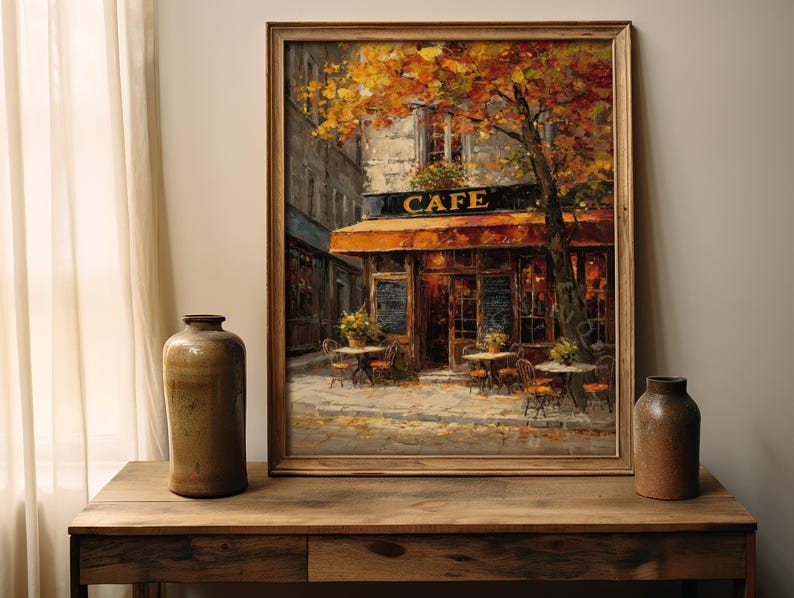 Rustic French fall kitchen print with a Paris café scene in warm autumn colors. Ideal for seasonal farmhouse wall decor and digital printable art.