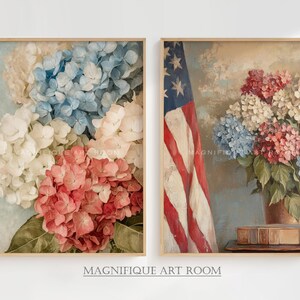 Patriotic Floral Wall Art Set Printable Vintage Hydrangea Print American Rustic Decor  | Cottage Core Pastel Wall Art USA Summer Decor SS18|