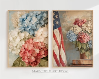 Patriotic Floral Wall Art Set Printable Vintage Hydrangea Print American Rustic Decor  | Cottage Core Pastel Wall Art USA Summer Decor SS18|