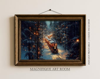 Vintage Christmas Express Train Print, Winter Wonderland Forest Wall Art Printable Holiday Decor (Digital Download) W417