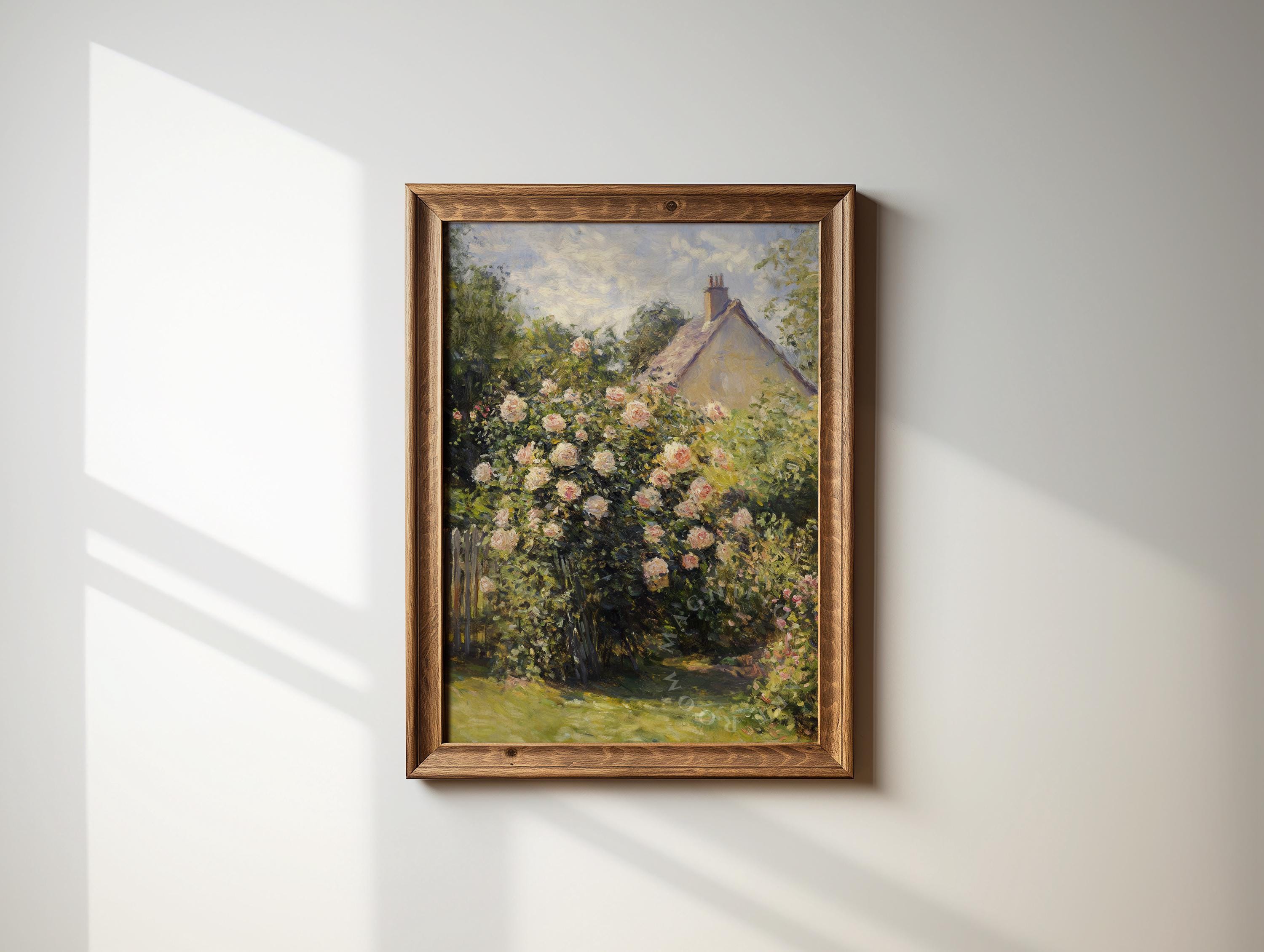 Cottage Garden Wall Art Print, Vintage Rose Bush Painting, English ...