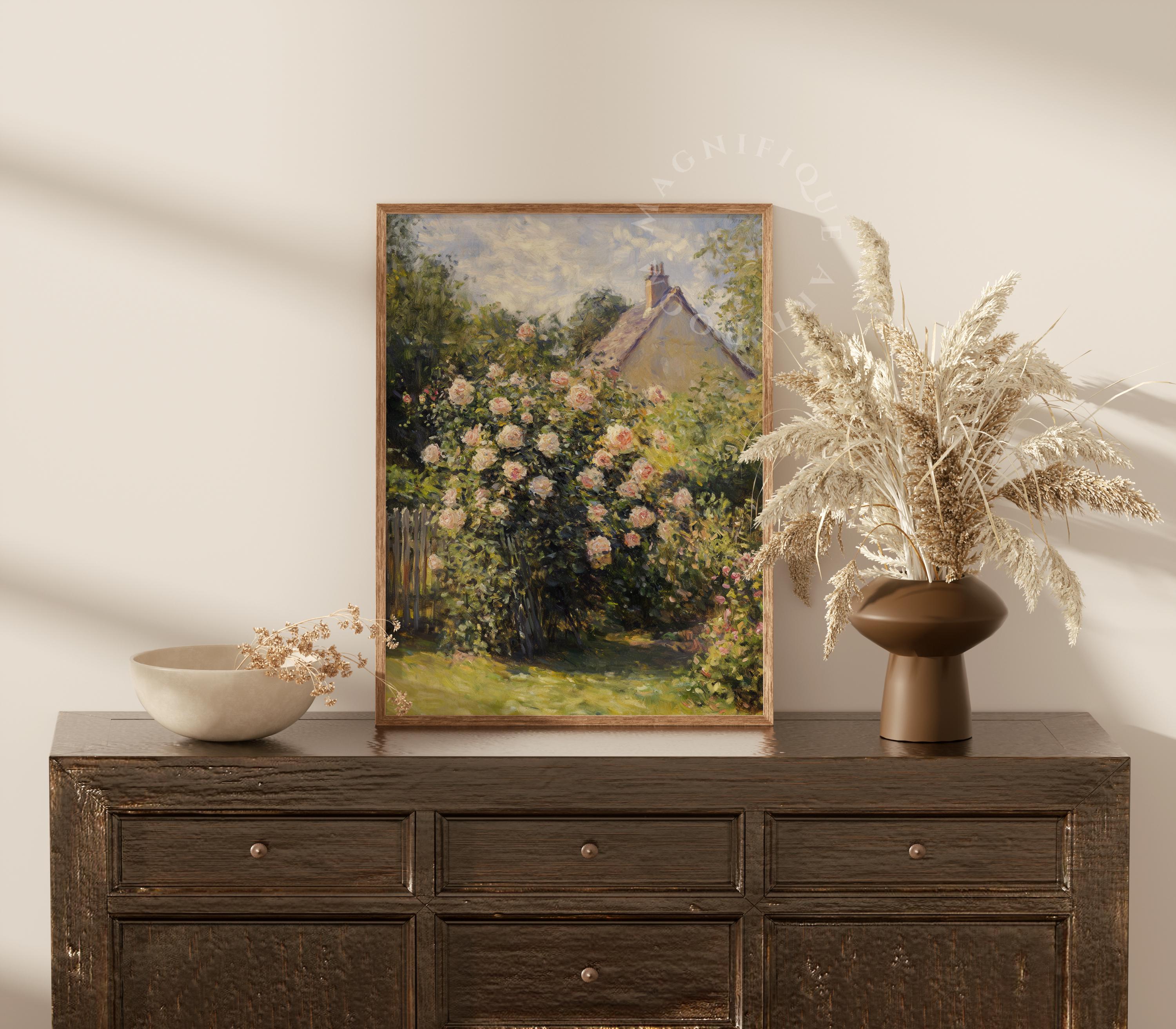Cottage Garden Wall Art Print, Vintage Rose Bush Painting, English ...