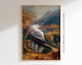 Vintage Autumn Train Wall Art: Railway Viaduct in Forest Mountain Landscape (Printable, Digital Download) F129