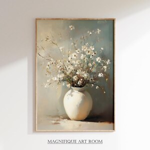 Arte mural con flores silvestres blancas en jarrón, estampado floral rústico, pintura botánica neutra, decoración de pared rústica, póster minimalista de flores S114/