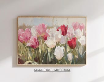 Printable Spring Tulip Wall Art, Vintage Flower Print, Colorful Tulip Meadow Print, Summer Floral Landscape Painting Digital Download S268|