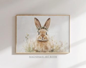 Easter Bunny Wall Art Printable | Cute Rabbit with Floral Crown | Spring Nursery Digital Download S235