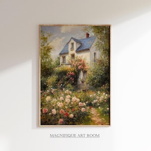 Impresión de jardín de rosas de estilo francés, pintura al óleo vintage, arte de pared cottagecore, paisaje campestre, decoración del hogar, arte de jardín de rosas imprimible, S86/