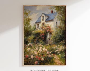 French Country Rose Garden Print Vintage Oil Painting | Cottagecore Wall Art Country Landscape Home Decor Printable Rose Garden Art S86|