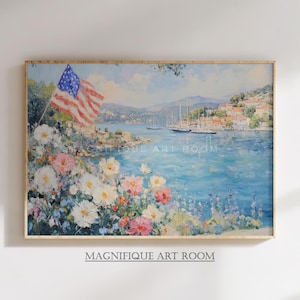 American Flag Print, 4th of July Decor, Ocean Flower Wall Art, Vintage American Prints, Nautical Poster, Summer Beach House Landscape S475|