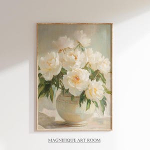 White Peony Floral Print, Printable Flower Wall Art, Vintage Botanical Print, Downloadable Peonies Print, Cottage Botanical Painting S777|