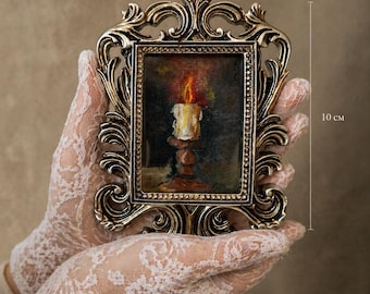Miniatura vintage di una candela in cornice decorata, opera d'arte originale dipinta a mano, piccolo oggetto decorativo, regalo unico