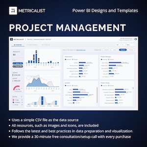 May include: A screenshot of a Power BI dashboard showing project management data. The dashboard includes charts and graphs showing project status, budget, and expenses. The dashboard is designed to help users track and manage their projects.