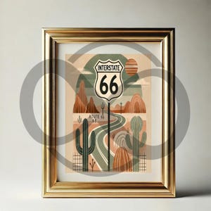 May include: A framed illustration of Route 66, featuring a desert landscape with cacti, a winding road, and a vintage-style road sign that reads "Interstate 66".