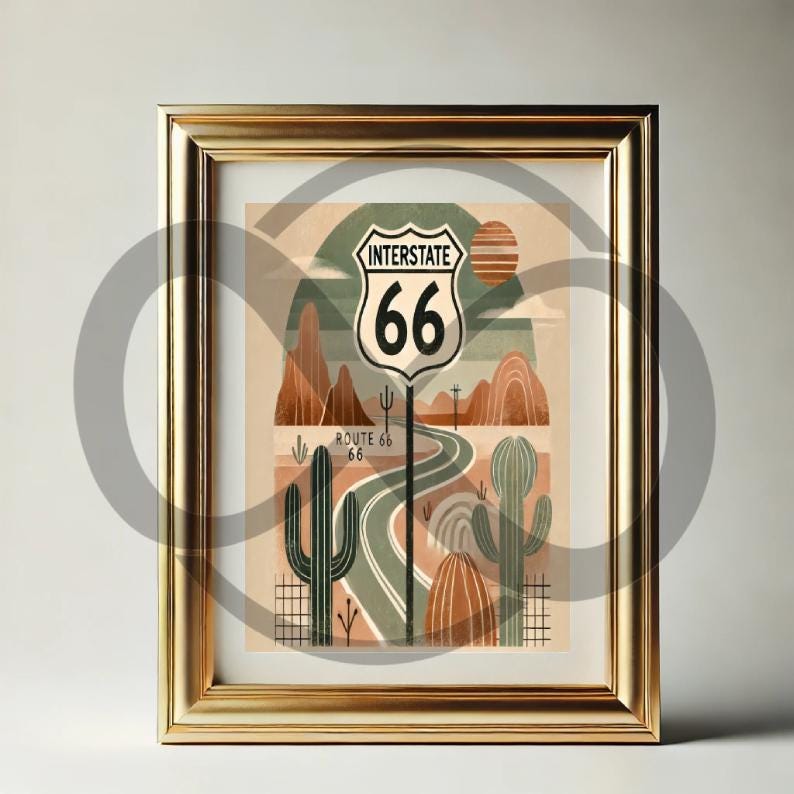 May include: A framed illustration of Route 66, featuring a desert landscape with cacti, a winding road, and a vintage-style road sign that reads "Interstate 66".