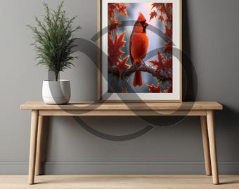 Loves Eternal Presence  Vivid red cardinal on a frosted branch surrounded by glowing autumn leaves Ideal fall décor for nature & bird lovers