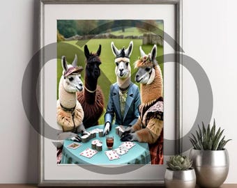 Ladies at Play - Quirky Victorian llamas at a poker table bring humor & elegance to this whimsical animal art print Perfect for quirky decor