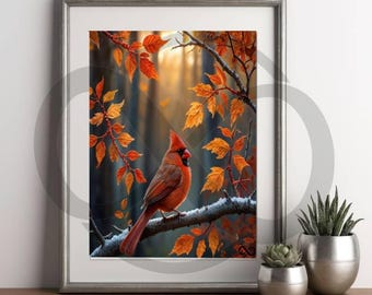 A Silent Message from Love Passed- vibrant red cardinal, frosty branch, surrounded by autumn leaves & sunset light, perfect for rustic decor