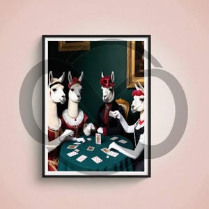 Lady Llama's Secret Club - Charming artwork of Victorian-dressed llamas playing cards, perfect for adding whimsy and humor to your space