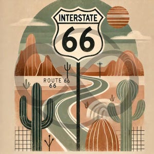 May include: A vintage-style illustration of Route 66, featuring a classic highway sign with the text "INTERSTATE 66" and the number "66" in a white circle. The road winds through a desert landscape with cacti and mountains in the background. The text "ROUTE 66 66" is also visible.