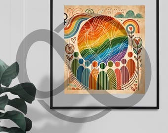 Ally Pride - Celebrate unity and LGBTQ+ pride with this vibrant boho abstract art print, symbolizing love, diversity, and human connection.