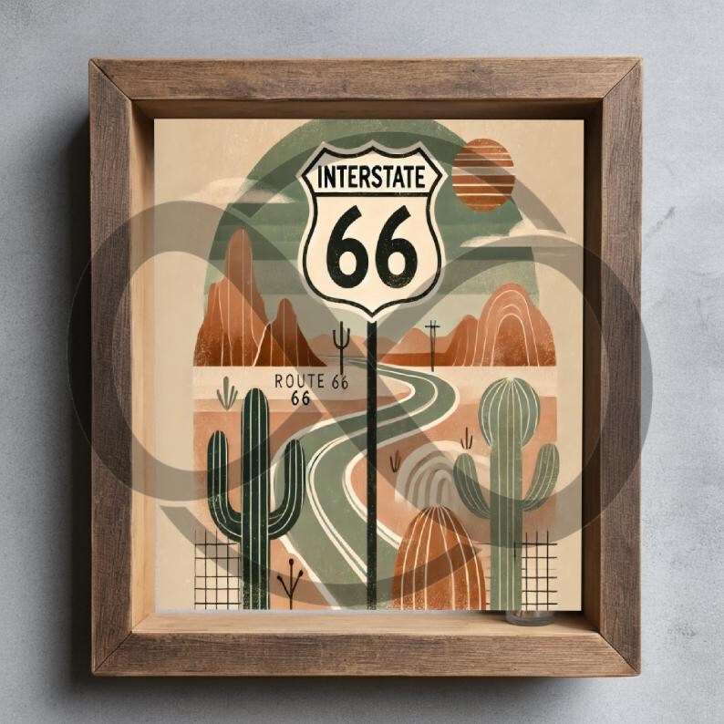 May include: A framed illustration of a desert landscape with a road leading to a sign that reads "INTERSTATE 66" with the number 66 in a circle. The sign is green and white with a red sun in the background. The road is a winding green line with brown cacti and mountains in the background.