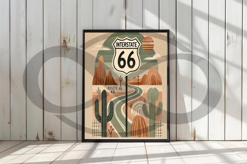 May include: A retro-style illustration of Route 66, featuring a desert landscape with cacti, a winding road, and a classic "Interstate 66" sign. The colors are muted and earthy, with shades of brown, green, and orange.