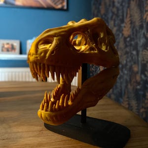 Gold 3D-Printed T-Rex Skull with Stand – Customized Dinosaur Decor