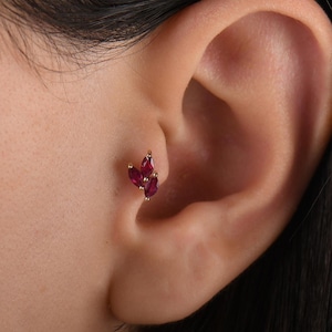 18k Gold Marquise Lab Ruby Tragus Earring, Cartilage Stud