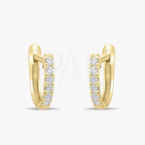 18K ダイヤモンド フープ イヤリング、14K ソリッド ゴールド ダイヤモンド ハギー イヤリング、ミニ ゴールド フープ イヤリング、レディース用ダイヤモンド イヤリング、ゴールド イヤリング