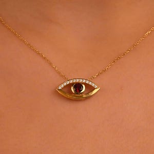 18k Diamond Evil Eye Ruby Necklace, 14k Solid Gold Sapphire Evil Eye Necklace, Emerald Evil Eye Necklace, Nazar Necklace, Evil Eye Jewelry