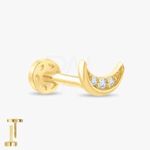 Pendiente de luna para cartílago y trago con diamantes de 18 k, piercing de media luna para trago en oro macizo de 14 k, pendiente de luna para cartílago, minipendientes de luna con diamantes.