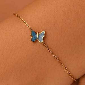 Handmade 14k Gold or 18k Solid Gold Butterfly Bracelet: Blue Enamel Dainty Jewelry