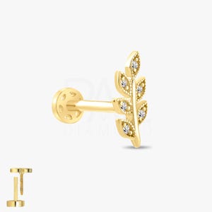 Piercing para tragus con forma de hoja de olivo y diamante de 18 k, delicados pendientes para tragus con forma de hoja en oro de 14 k, piercing para tragus con forma de hoja de diamante con parte posterior atornillada para mujer