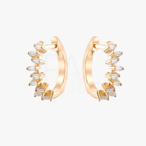 14k/18k Solid Gold Diamond Baguette Huggie Earrings