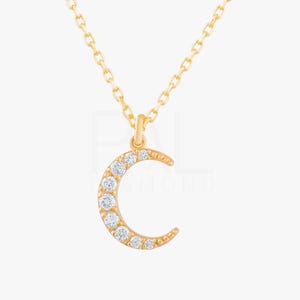 18k Solid Gold Diamond Crescent Necklace, Celestial Jewelry