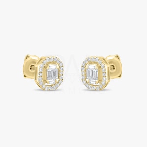 18k Diamond Baguette Earrings, Mimalist 14k Solid Gold Baguette Earrings for Women, Daily Baguette Gold Earrings, Real Gold Diamond Earrings