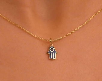 18k Hamsa Necklace, 14k Solid Gold Evil Eye Hamsa Necklace, Hand of Fatima Necklace, Gold Fatima Pendant, Good Luck Necklace Jewelry