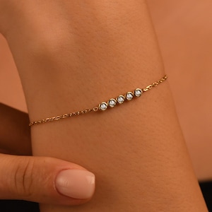 5 Stones Diamond Bracelet, 18k Solid Gold Diamond Bracelet, 14k Gold Diamond Bracelet for Women, Bezel Setting Dainty Diamond Bracelet