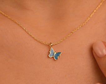 18k Solid Gold Butterfly Necklace, 14k Enamel Butterfly Gold Necklace, Dainty Butterfly Necklace, Butterfly Pendant, Daily Butterfly Pendant
